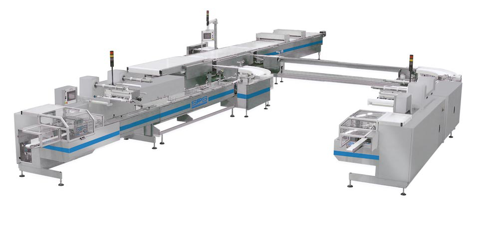 Integrated high speed count-line wrapping system complete with buffering distribution stations, turning devices, no-contact inline feeders and fully servo driven horizontal wrappers.