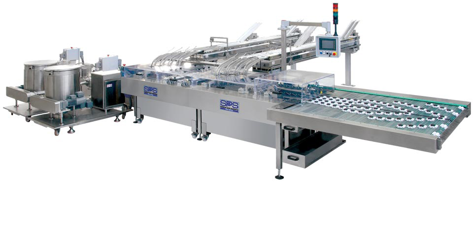High speed 4-lane automatic system for sandwich biscuits production complete with vibrating channels groups, double storing units and rows multiplier.