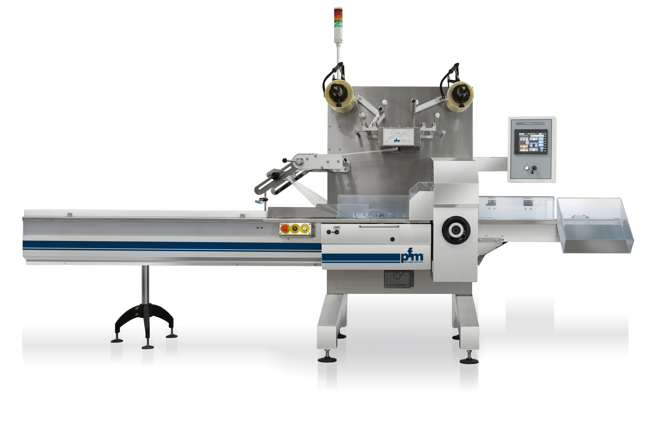 The BORA is a horizontal flow-pack type packaging machine for producing packs sealed on three sides from a roll of heat-sealable packaging film.