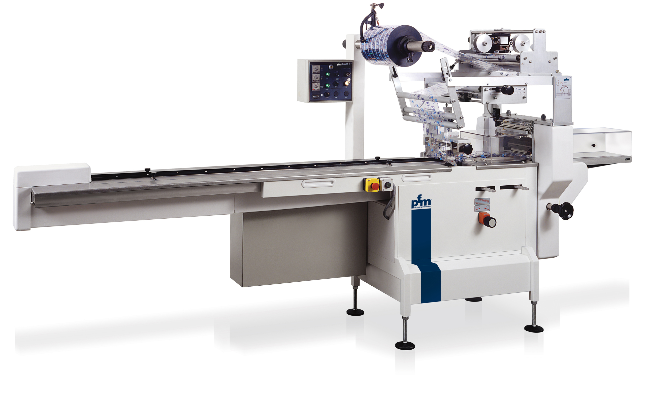 Horizontal flow-wrap machine with rotary crimp jaws, designed to wrap at speeds of up to 100 bags per minute